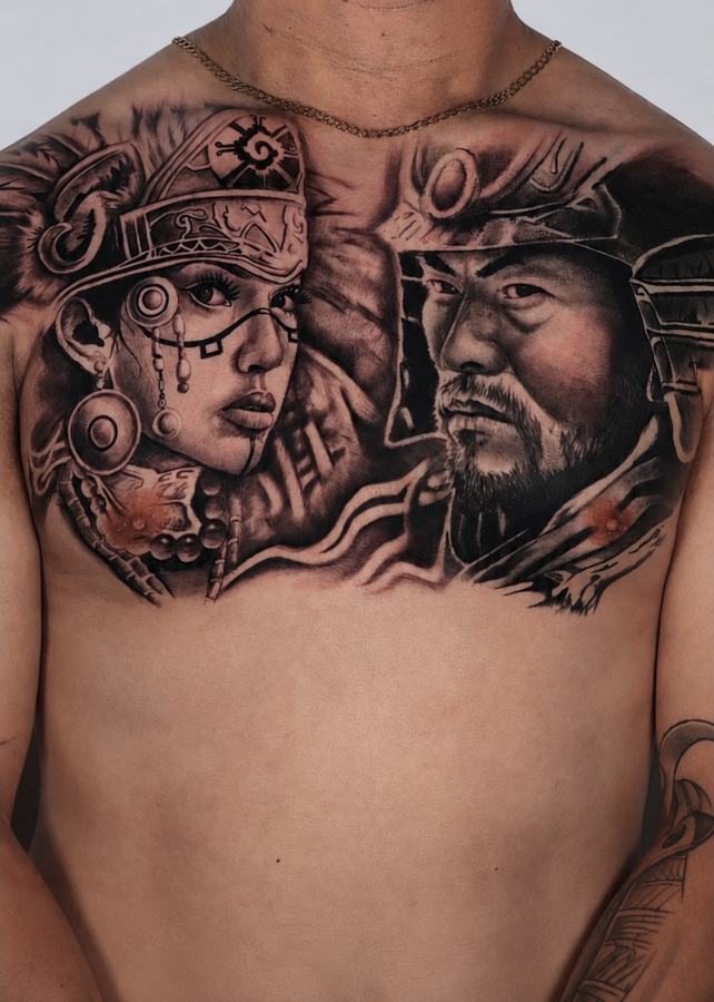 Aztec warrior and samurai portraits facing each other in black and grey realism across a full chest piece