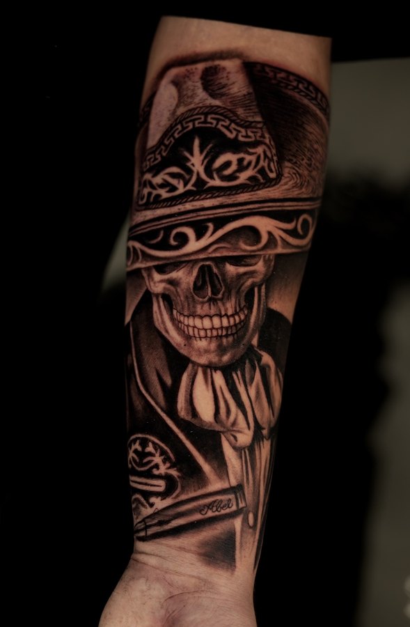 Black and grey realism pit bull portrait tattoo on a forearm, with a collar and Oklahoma emblem, by Caesar Figueroa